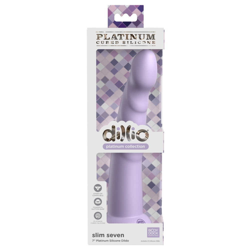 Dildo Dillio Platinum Slim Seven - Lila, 19.7 cm - silicon tratat cu platina, cel mai inalt grad de puritate - ventuza compatibila cu Body Dock si strap-on