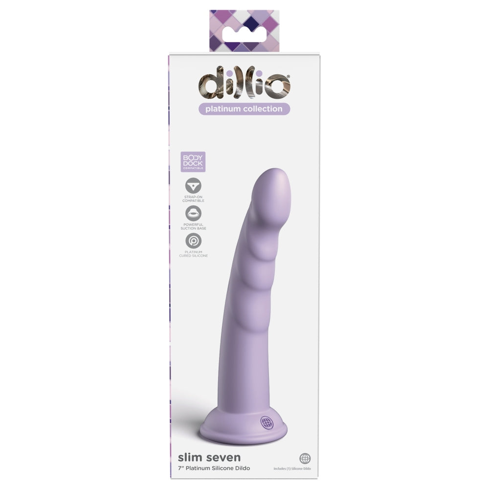 Dildo Dillio Platinum Slim Seven - Lila, 19.7 cm - silicon tratat cu platina, cel mai inalt grad de puritate - ventuza compatibila cu Body Dock si strap-on