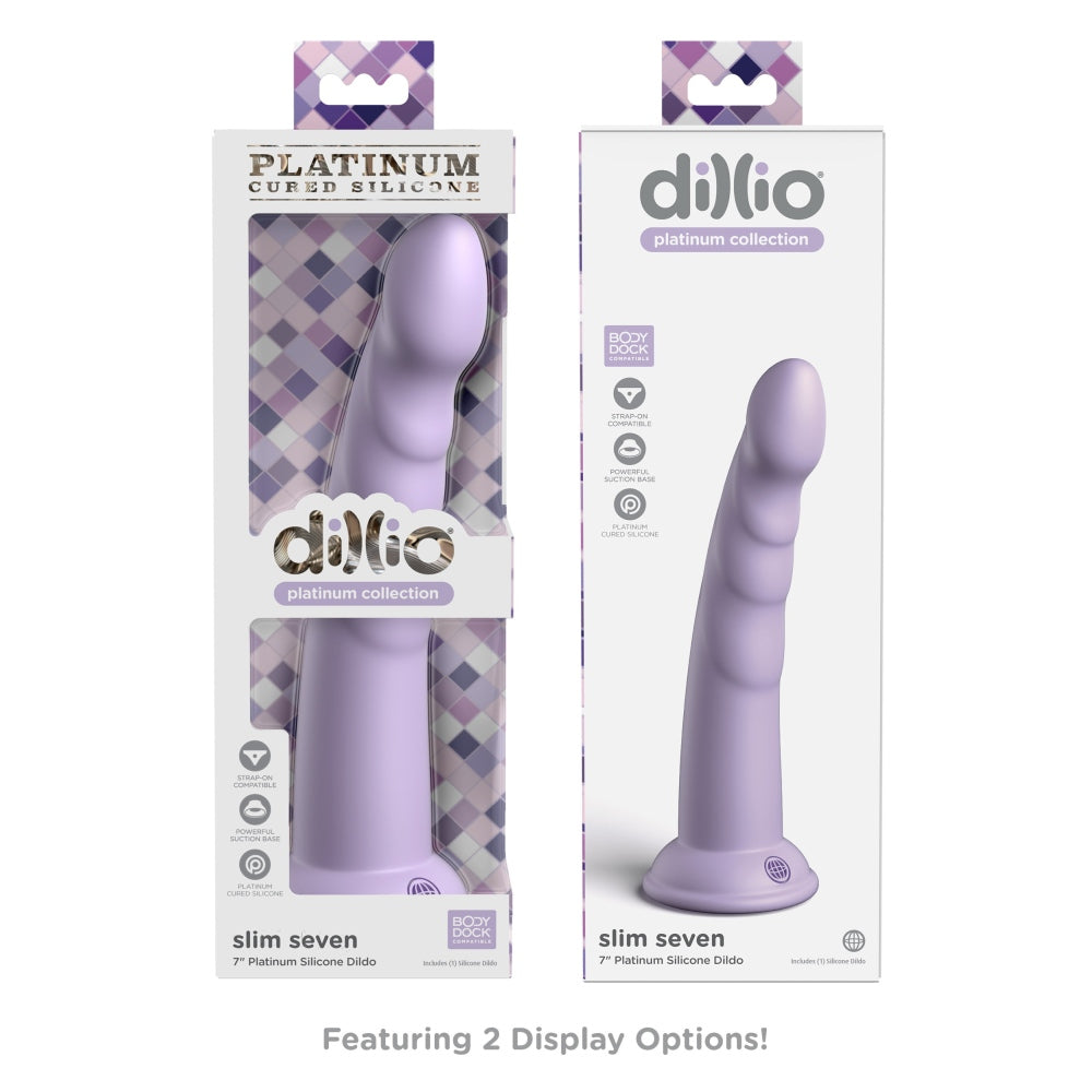 Dildo Dillio Platinum Slim Seven - Lila, 19.7 cm - silicon tratat cu platina, cel mai inalt grad de puritate - ventuza compatibila cu Body Dock si strap-on