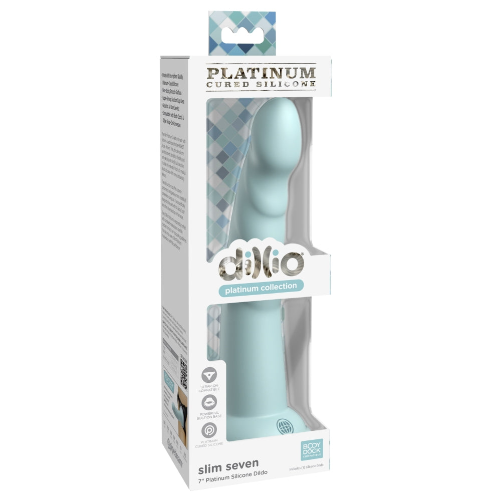 Dildo Dillio Platinum Slim Seven - Turcoaz, 19.7 cm - silicon tratat cu platina, cel mai inalt grad de puritate - ventuza compatibila cu Body Dock si strap-on