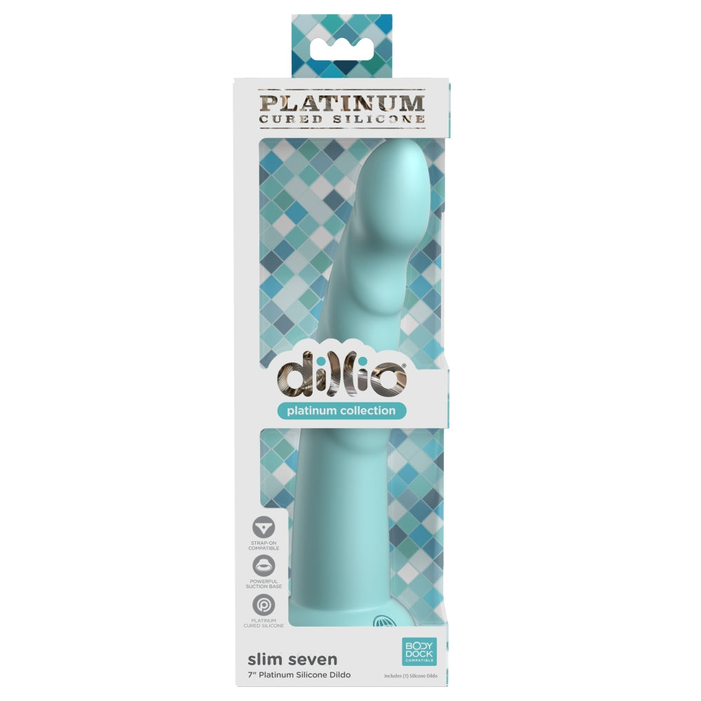 Dildo Dillio Platinum Slim Seven - Turcoaz, 19.7 cm - silicon tratat cu platina, cel mai inalt grad de puritate - ventuza compatibila cu Body Dock si strap-on