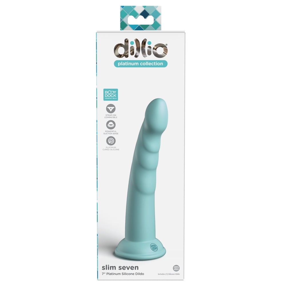 Dildo Dillio Platinum Slim Seven - Turcoaz, 19.7 cm - silicon tratat cu platina, cel mai inalt grad de puritate - ventuza compatibila cu Body Dock si strap-on