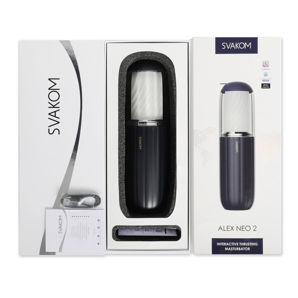 Masturbator cu vibratii SVAKOM Alex Neo 2 cu 7 functii interactive, reincarcabil, controlat prin aplicatie, cu miscare de impingere - Negru