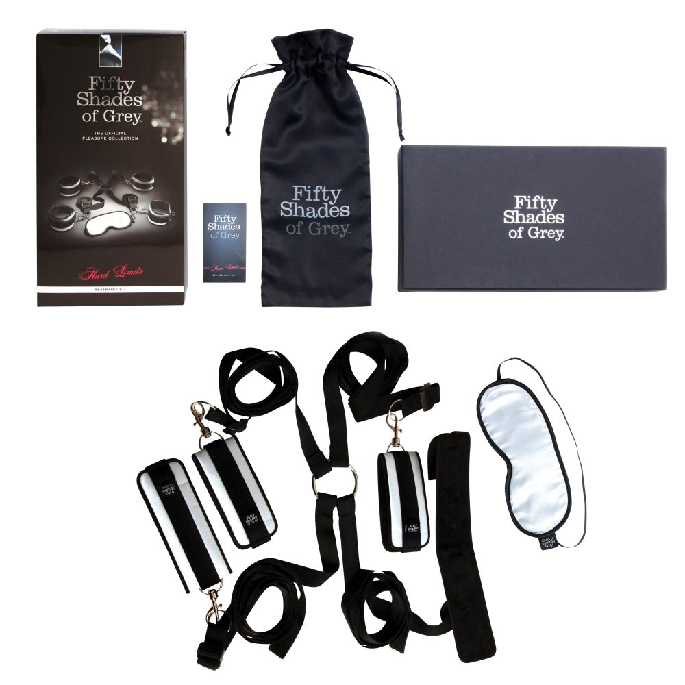 Set Bondage 3 Piese Fifty Shades of Grey Hard Limits - 4 catuse cu sistem de prindere velcro, hogtie, masca din satin - include saculet din satin pentru depozitare discreta - ideal pentru jocuri BDSM in cuplu