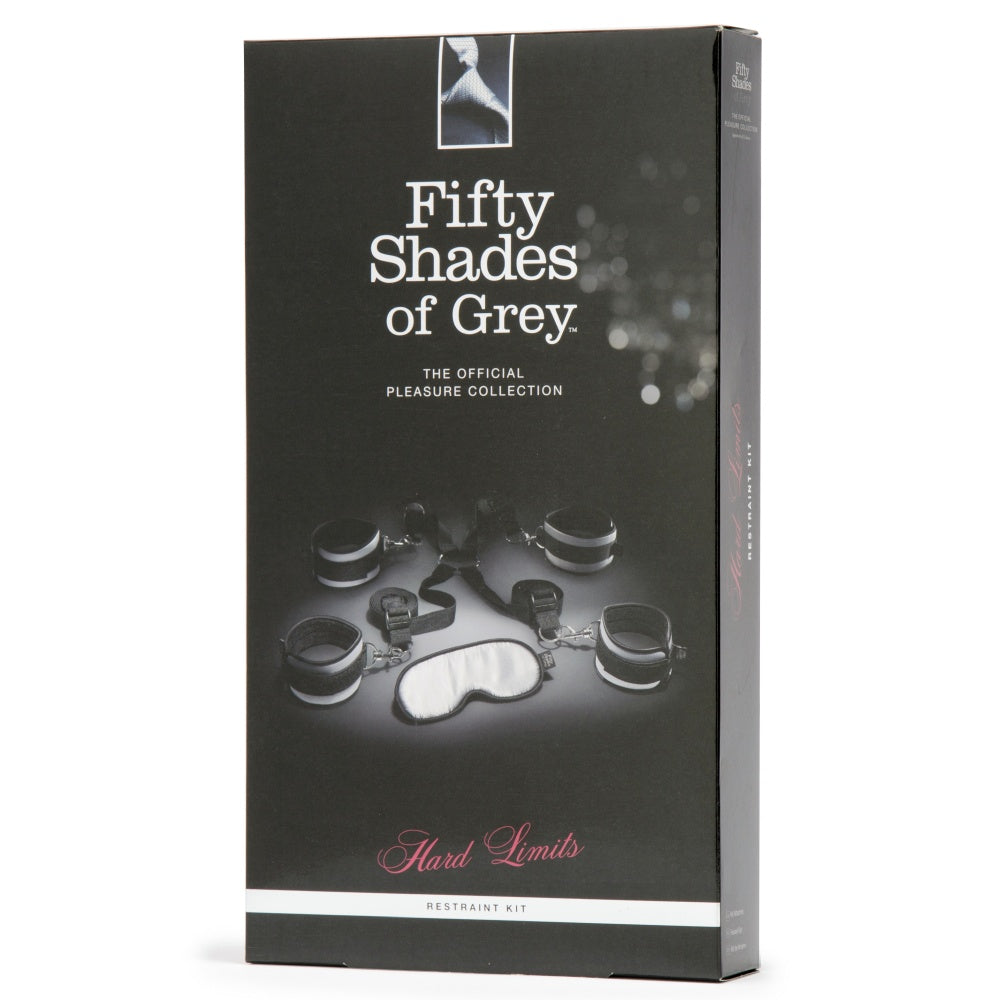 Set Bondage 3 Piese Fifty Shades of Grey Hard Limits - 4 catuse cu sistem de prindere velcro, hogtie, masca din satin - include saculet din satin pentru depozitare discreta - ideal pentru jocuri BDSM in cuplu