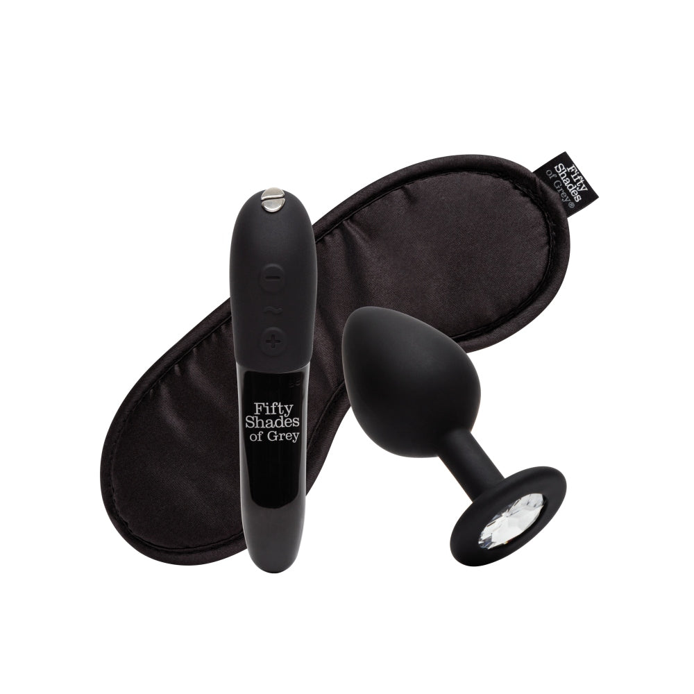 Set Cadou Sex Toys Fifty Shades of Grey x We-Vibe 3 Piese - Mini vibrator Tango X, dop anal negru cu cristal, masca din satin - ideal pentru a adauga o nota de lux in momente intime