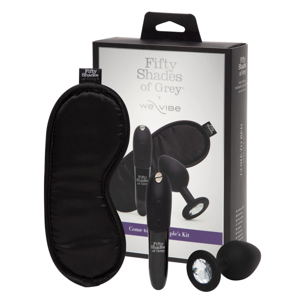 Set Cadou Sex Toys Fifty Shades of Grey x We-Vibe 3 Piese - Mini vibrator Tango X, dop anal negru cu cristal, masca din satin - ideal pentru a adauga o nota de lux in momente intime