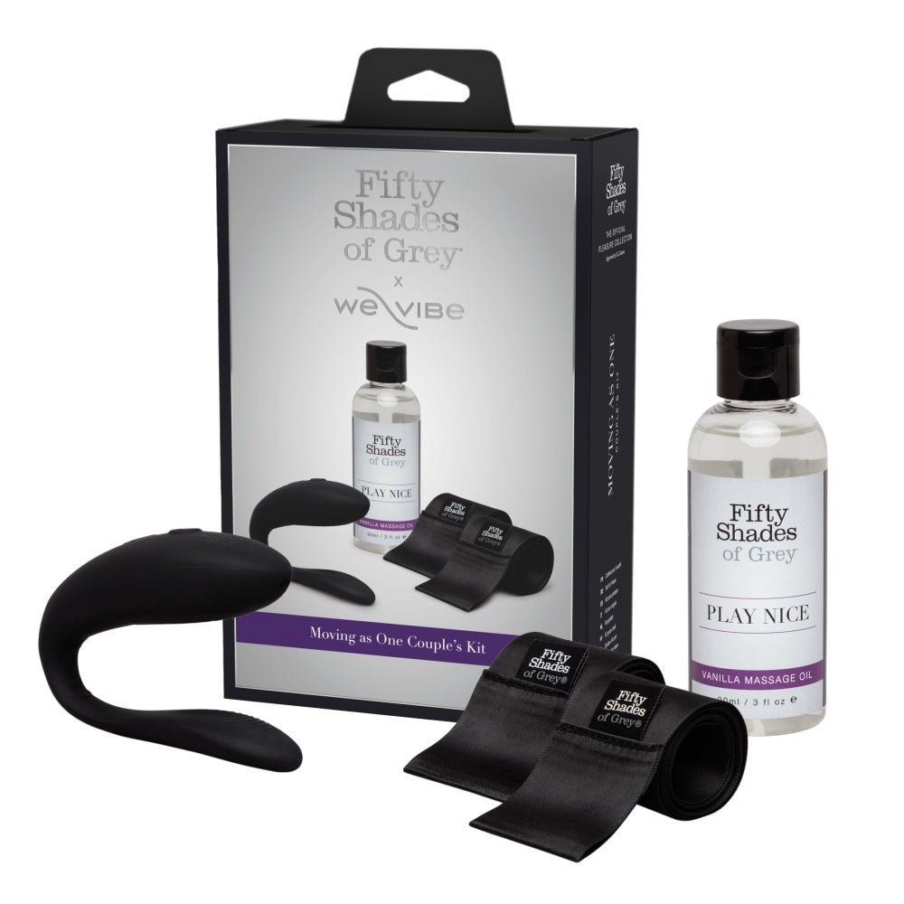 Set Cadou Sex Toys Fifty Shades of Grey Moving As One 3 Piese - Vibrator pentru cupluri We-Vibe Sync Lite, catuse din satin, ulei de masaj cu vanilie - ideal pentru a adauga o nota de lux in momente intime