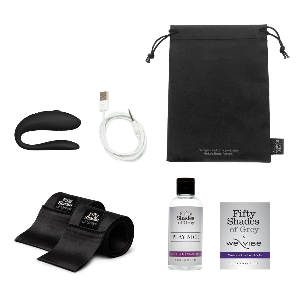 Set Cadou Sex Toys Fifty Shades of Grey Moving As One 3 Piese - Vibrator pentru cupluri We-Vibe Sync Lite, catuse din satin, ulei de masaj cu vanilie - ideal pentru a adauga o nota de lux in momente intime