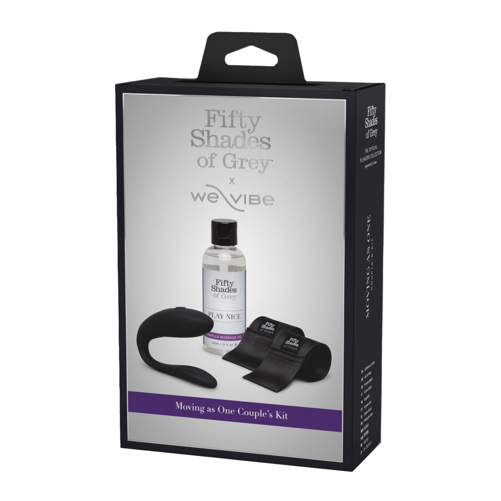 Set Cadou Sex Toys Fifty Shades of Grey Moving As One 3 Piese - Vibrator pentru cupluri We-Vibe Sync Lite, catuse din satin, ulei de masaj cu vanilie - ideal pentru a adauga o nota de lux in momente intime