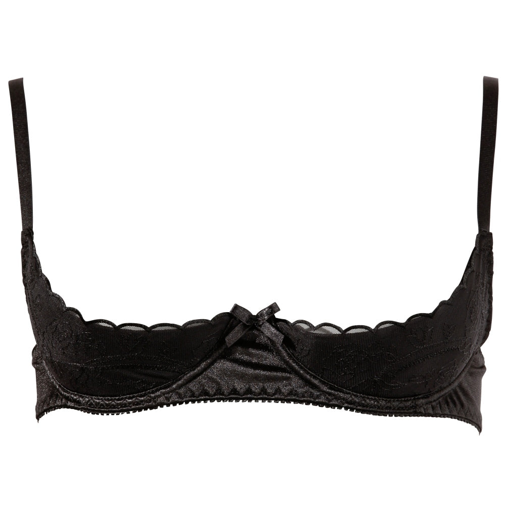 Sutien Sexy cu cupe deschise - Negru - detalii cu dantela si fundita, 3 randuri de agatatori
