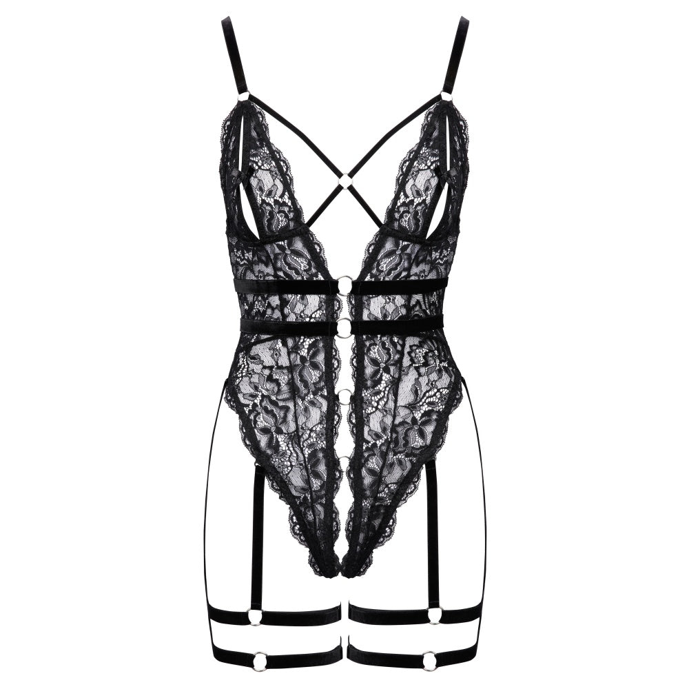 Body Cotelli Lingerie din dantela cu bretele din catifea - jartiere si hamuri pentru coapse - Negru