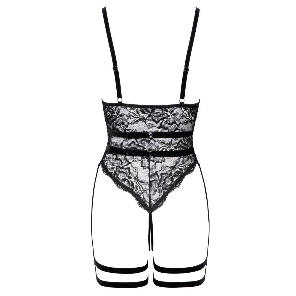 Body Cotelli Lingerie din dantela cu bretele din catifea - jartiere si hamuri pentru coapse - Negru