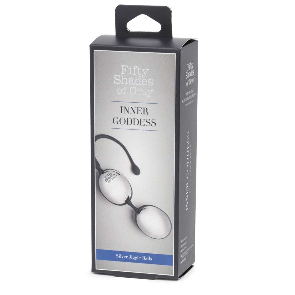 Bile Kegel Fifty Shades of Grey Inner Goddess Argintiu - bile vaginale cu banda elastica - greutate de 67 g, ideal pentru incepatori - perfect pentru antrenamentul muschilor pelvieni - include saculet de satin pentru depozitare discreta
