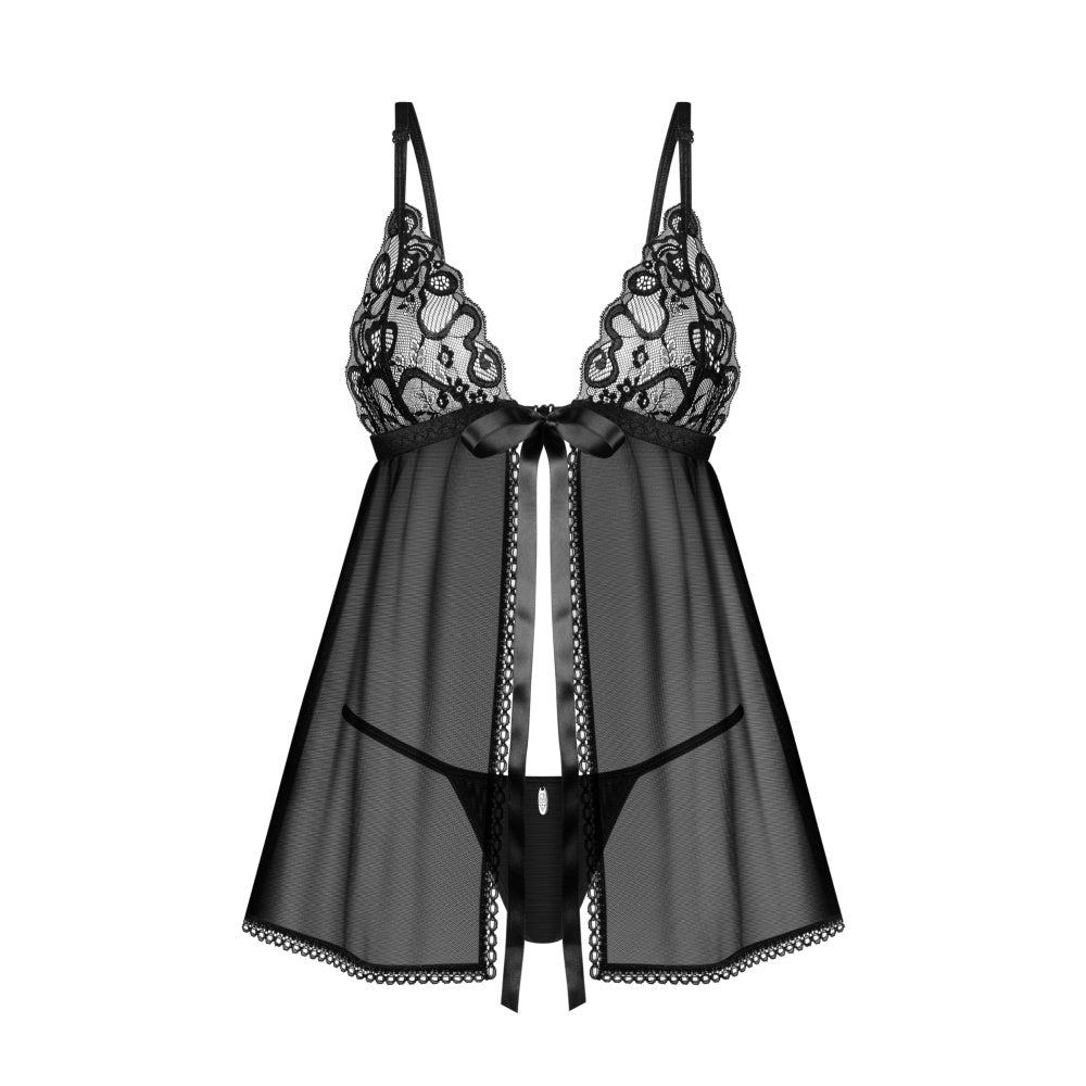 Lenjerie Sexy Set Babydoll si Chilot String Transparent Obsessive Blomentis - Tull Elastic, Dantela Fina, Design Deschis