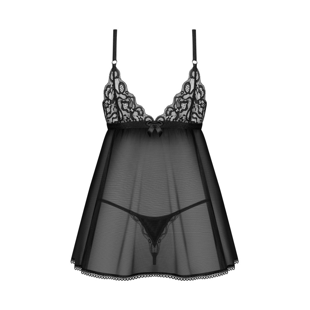 Lenjerie Sexy Set Babydoll si Chilot String Transparent Obsessive Blomentis - Tull Elastic, Dantela Fina, Design Deschis