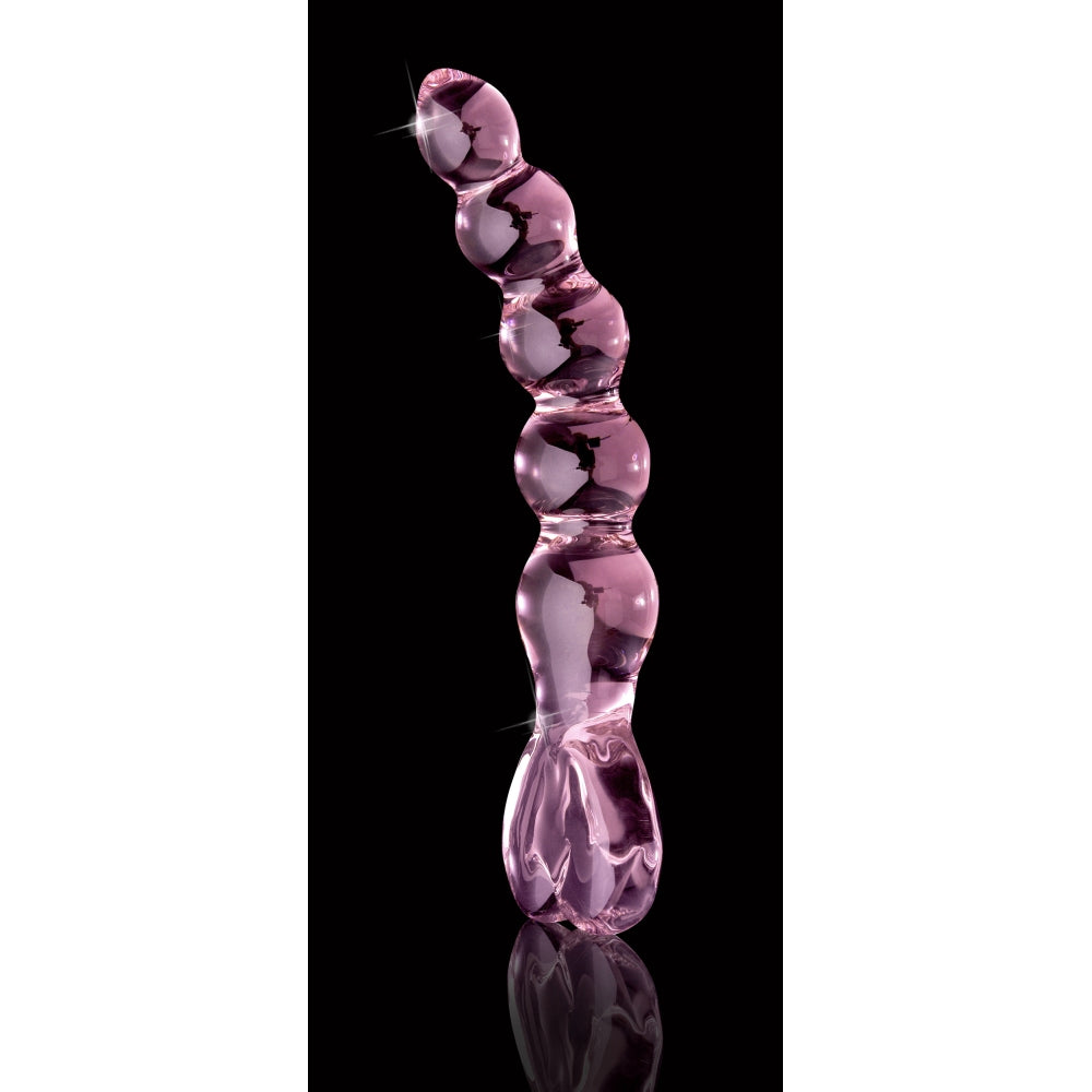 Dildo de Sticla Icicles No. 43 - Roz, 20 cm - design din sticla lucrata manual cu bucle si capat in forma de inima - ideal pentru jocuri termice, poate fi racit sau incalzit