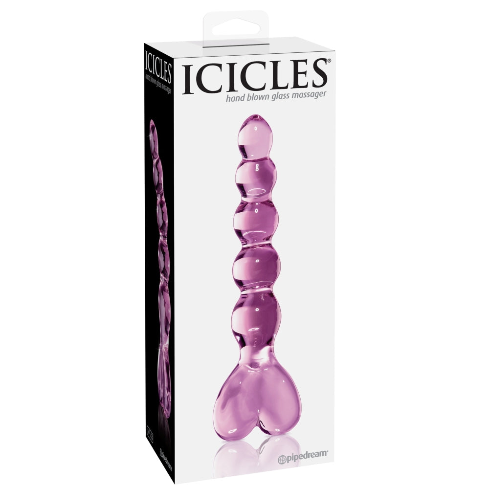 Dildo de Sticla Icicles No. 43 - Roz, 20 cm - design din sticla lucrata manual cu bucle si capat in forma de inima - ideal pentru jocuri termice, poate fi racit sau incalzit