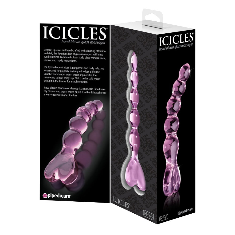 Dildo de Sticla Icicles No. 43 - Roz, 20 cm - design din sticla lucrata manual cu bucle si capat in forma de inima - ideal pentru jocuri termice, poate fi racit sau incalzit