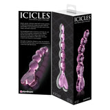 Dildo de Sticla Icicles No. 43 - Roz, 20 cm - design din sticla lucrata manual cu bucle si capat in forma de inima - ideal pentru jocuri termice, poate fi racit sau incalzit
