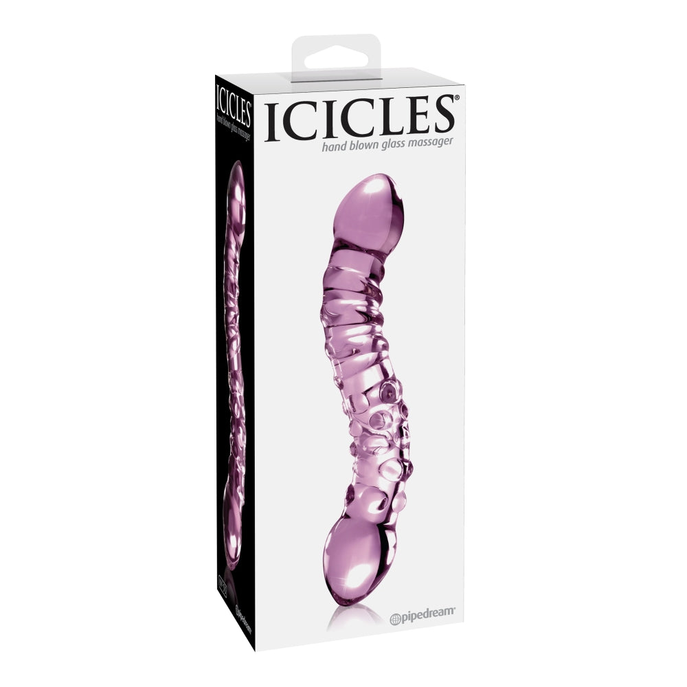 Dildo Dublu de Sticla Icicles No. 55 - Roz, 19.5 cm - design din sticla lucrata manual cu doua capete - ideal pentru jocuri termice, poate fi racit sau incalzit