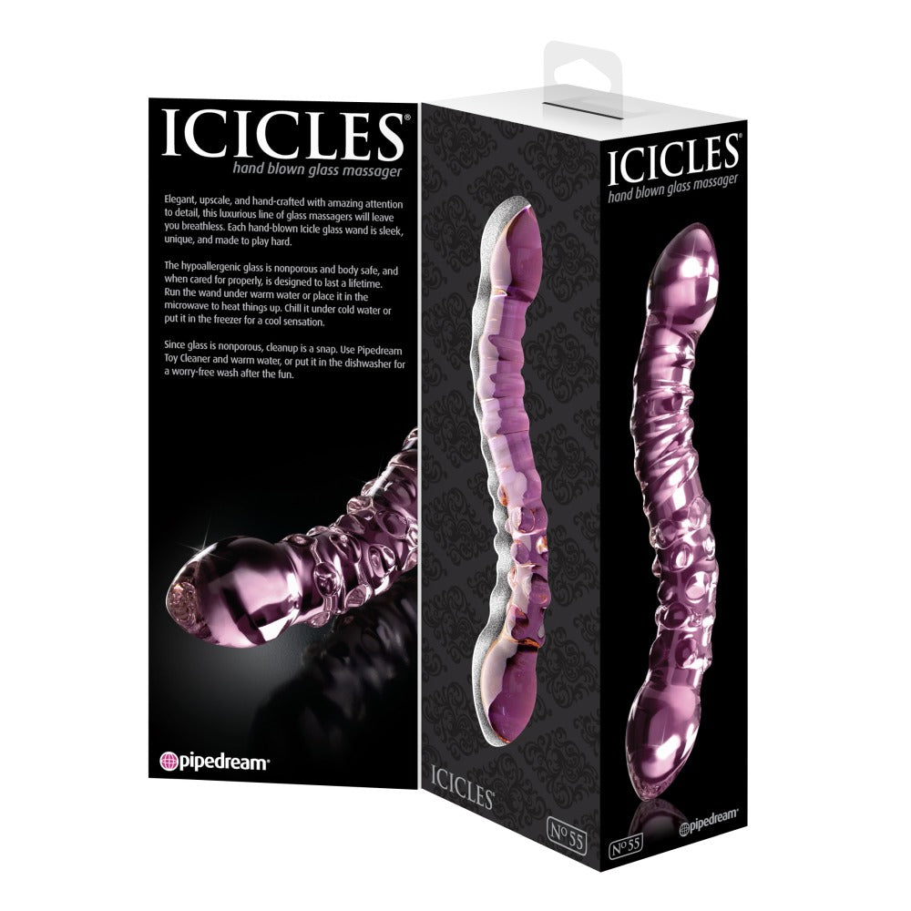 Dildo Dublu de Sticla Icicles No. 55 - Roz, 19.5 cm - design din sticla lucrata manual cu doua capete - ideal pentru jocuri termice, poate fi racit sau incalzit