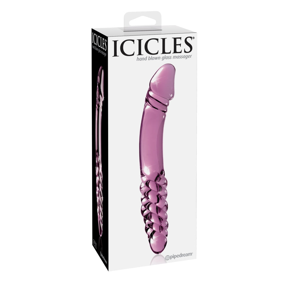 Dildo Dublu de Sticla Icicles No. 57 - Roz, 12 cm - design din sticla lucrata manual cu doua capete - ideal pentru jocuri termice, poate fi racit sau incalzit
