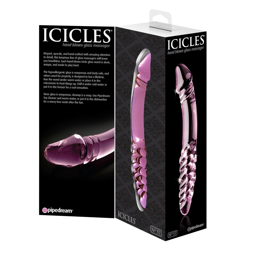 Dildo Dublu de Sticla Icicles No. 57 - Roz, 12 cm - design din sticla lucrata manual cu doua capete - ideal pentru jocuri termice, poate fi racit sau incalzit
