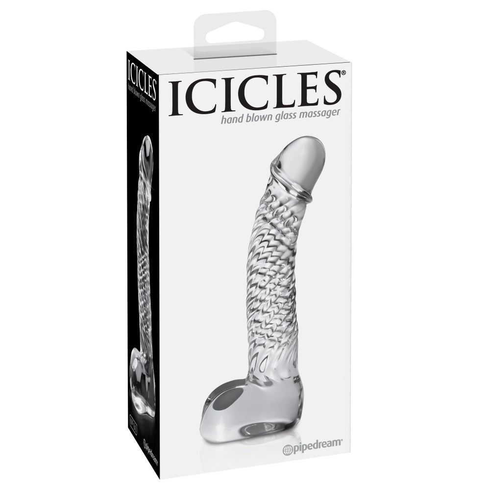 Dildo de Sticla cu Testicule Icicles No. 61 - Transparent, 16.5 cm - design din sticla lucrata manual cu design realistic - ideal pentru jocuri termice, poate fi racit sau incalzit