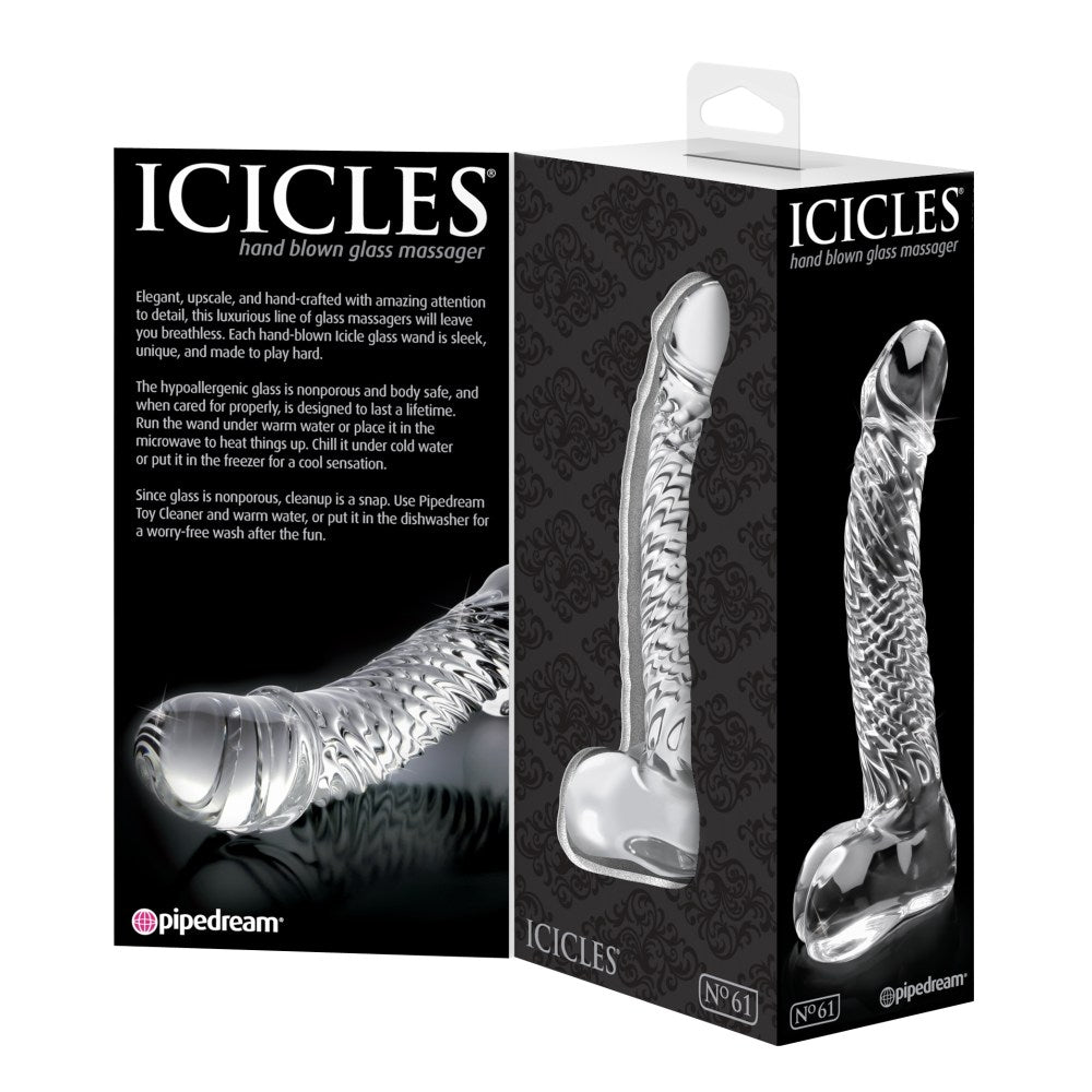 Dildo de Sticla cu Testicule Icicles No. 61 - Transparent, 16.5 cm - design din sticla lucrata manual cu design realistic - ideal pentru jocuri termice, poate fi racit sau incalzit