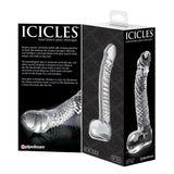 Dildo de Sticla cu Testicule Icicles No. 61 - Transparent, 16.5 cm - design din sticla lucrata manual cu design realistic - ideal pentru jocuri termice, poate fi racit sau incalzit
