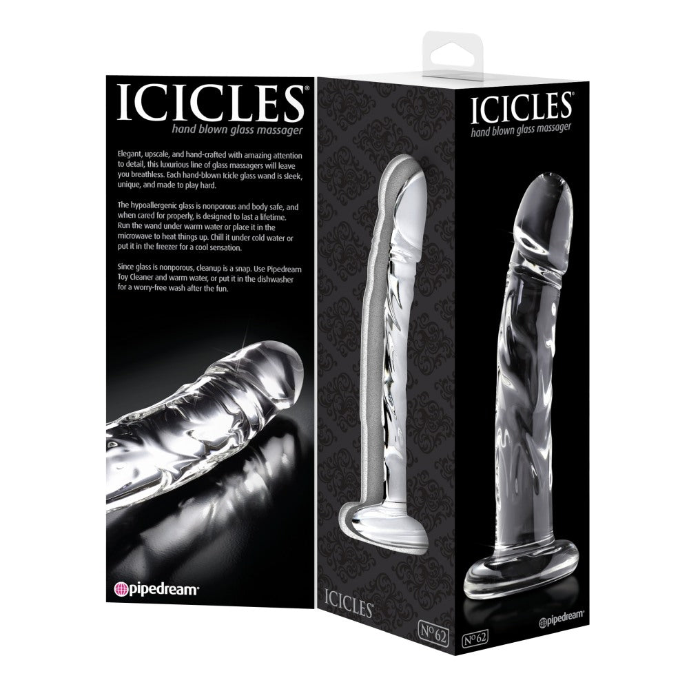 Dildo de Sticla Icicles No. 62 - Transparent, 18 cm - design din sticla lucrata manual cu design realistic - ideal pentru jocuri termice, poate fi racit sau incalzit