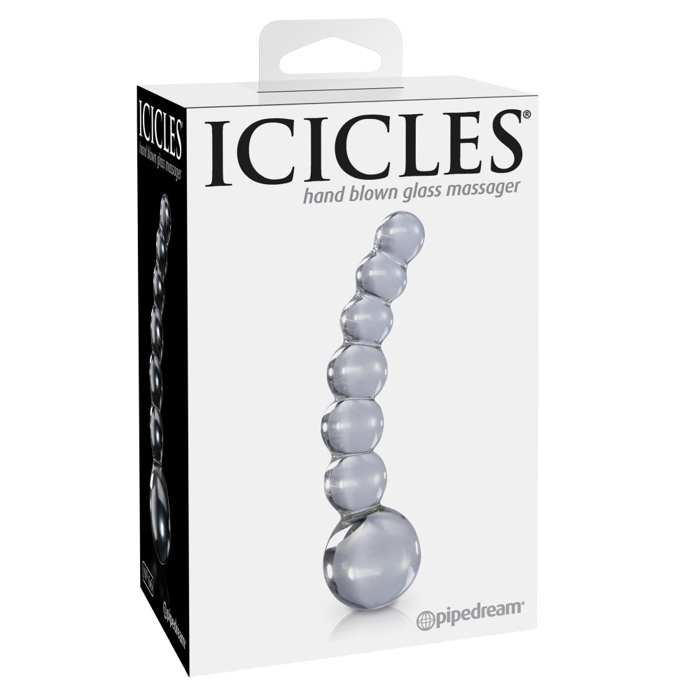 Dildo de Sticla Icicles No. 66 - Transparent, 12 cm - design din sticla lucrata manual cu design de bule - ideal pentru jocuri termice, poate fi racit sau incalzit