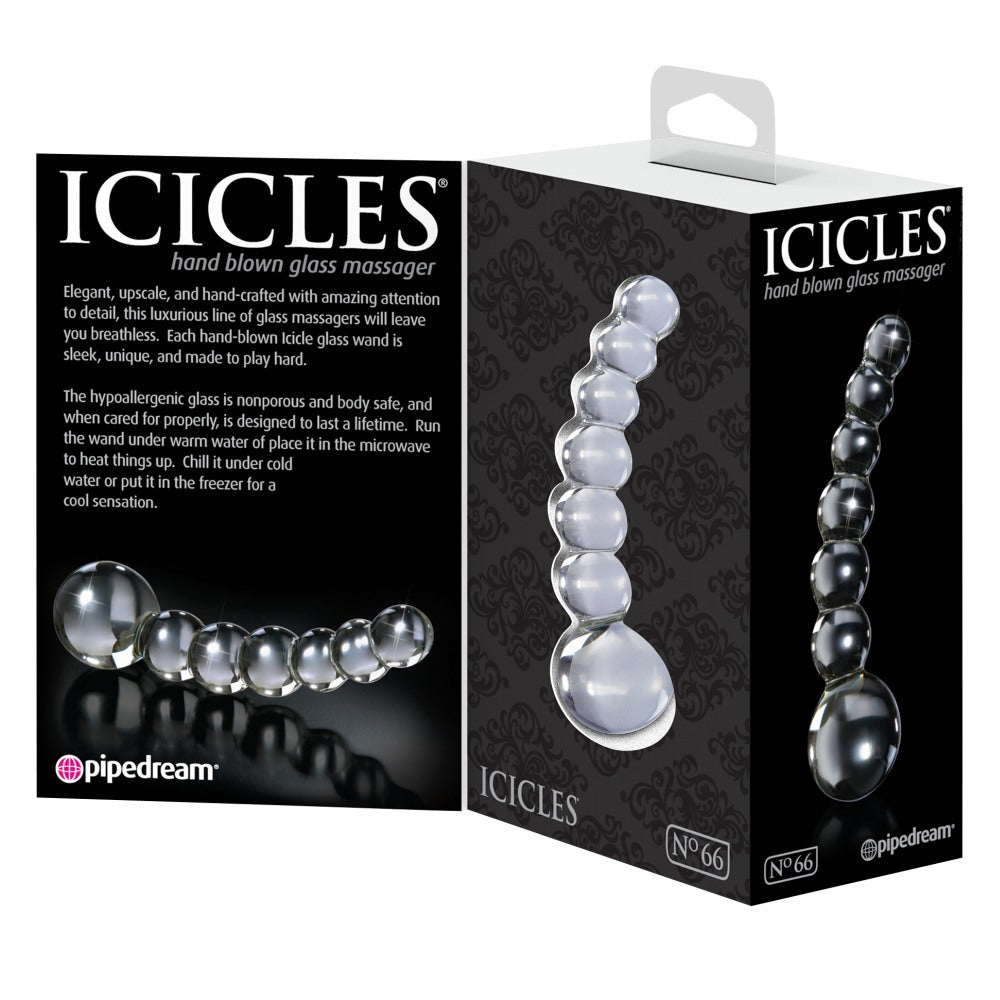 Dildo de Sticla Icicles No. 66 - Transparent, 12 cm - design din sticla lucrata manual cu design de bule - ideal pentru jocuri termice, poate fi racit sau incalzit